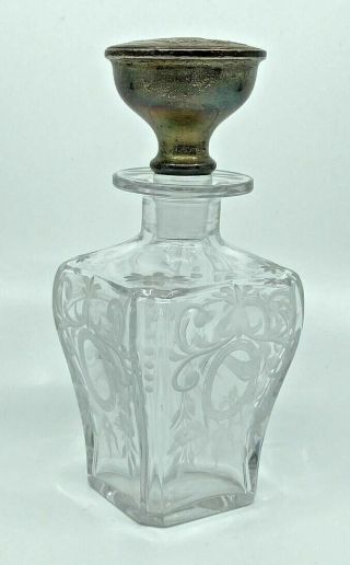 Vintage Antique Scent Perfume Bottle Etched Glass W Sterling Silver Top 7 "
