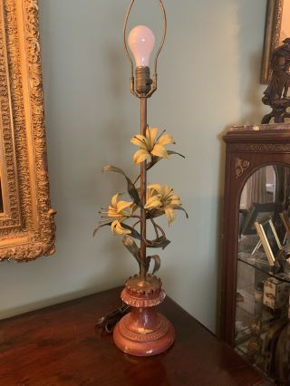 Vintage Italian Metal Tole Lamp Yellow Lilies Flowers Painted Wooden Base