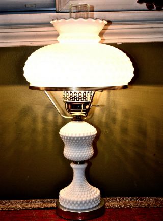 Vintage Parlor Hurricane Lamp White Milk Glass Hobnail 20 " & 3 Way Lighting
