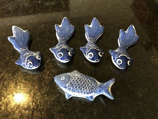 5 Chinese Porcelain Blue & White Fish Figures