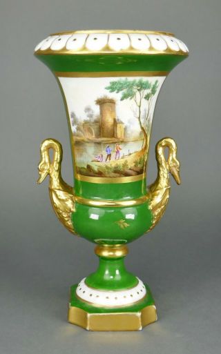 Antique French Porcelain Gilt Gold Swan Handled Hand Painted Panel Urn Vase