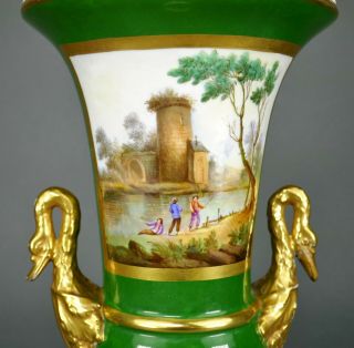 Antique French Porcelain Gilt Gold Swan Handled Hand Painted Panel Urn Vase 2