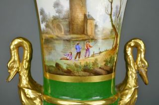 Antique French Porcelain Gilt Gold Swan Handled Hand Painted Panel Urn Vase 3