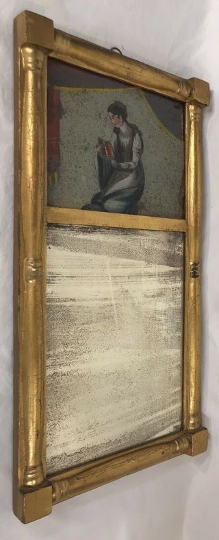 Antique Early 19th C Federal Style Reverse Painting Glass Woman Gold Gilt Mirror