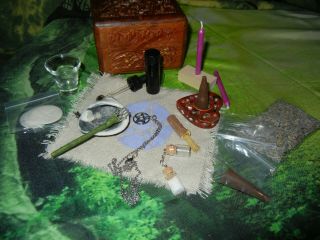Wicca Altar Set Wood Box Lavender Oil Bell Censer Wand Besom Pentacle