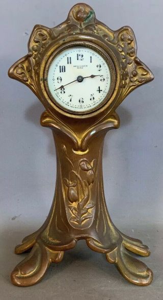 Ca.  1910 Antique Art Nouveau Era Bronzed Floral Old Haven Metal Boudoir Clock