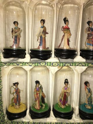 Boxed Set 12 Miniature Japanese Geisha Doll Figurines Rare Glass Dome Dolls 1940