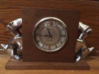 Antique Art Deco Waltham Electric Clock Wooden W/ Chrome Scottie Schnauzer Dogs