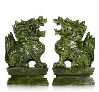 A Pair 100 Natural China Green Jade Carved Fengshui Kylin Beast Statues