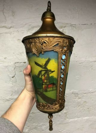 Rare Circa 1910 Reverse Painted Slag Glass Windmill Hall Lamp Light Arts Crafts