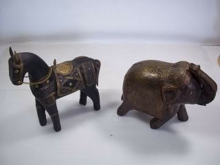 Vintage Hand Carved Wooden Horse & Elephant Figures W/ Brass Inlay Perfect Cond.