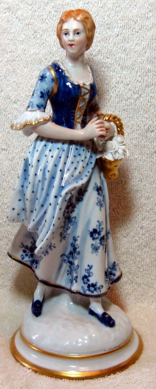 Antique German Porcelain Figurine Woman With Flowers Capodimonte Style Mark