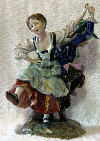 Antique German Porcelain Group Figurine Man Woman Dancing Capodimonte Mark 2