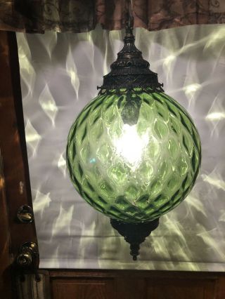 Vintage Mid Century 22” Green Glass Globe Hanging Swag Lamp Light Gothic Fairy