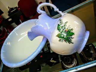 Vintage Large Porcelain Pitcher And Wash Basin Bowl,  Blue/white Floral Design