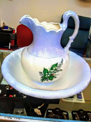 Vintage Large Porcelain Pitcher and Wash Basin Bowl,  Blue/White Floral Design 2