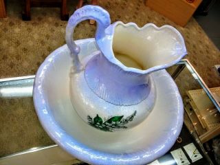 Vintage Large Porcelain Pitcher and Wash Basin Bowl,  Blue/White Floral Design 3