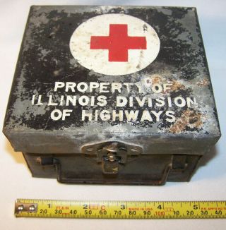 Vintage First Aid Metal Box Il.  Divis.  Of Highways / Hand Painted Estate Finf
