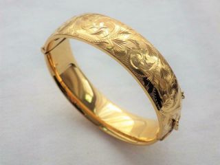 Vintage Gold Bangle Wide Cuff Engraved Bracelet 1/5th 9 Ct Rolled Gold C 1950 