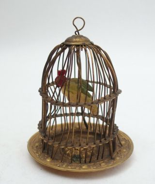 Old vintage dolls house miniature gilt metal bird cage with bird 2