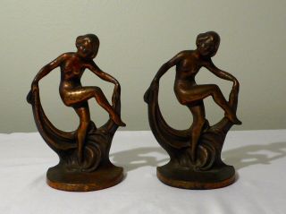 Pr.  Of Antique Figural Art Deco Solid Bronze Bookends