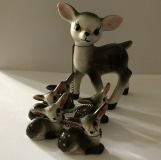 Vintage Christmas Ceramic Spotted Deer On Chain With 5 Baby Fawns