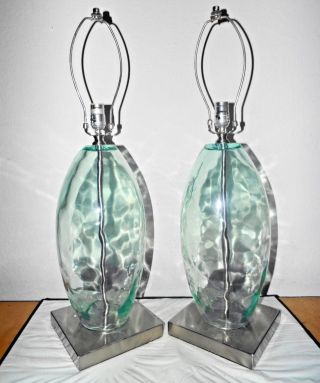 Lamps A Pair 31 " H Hotel Style Fancy Thick Green Glass & Chrome Base Table Lamps