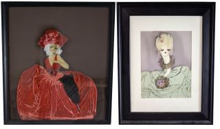 2 Antique Vintage Ribbon Art Paper Doll Velvet Victorian Lady Picture Framed