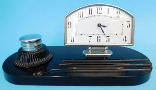 Stunning Art Deco Deskset,  Inkwell & Chrome Clock On Glass Stand C1920s
