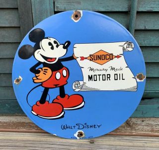 Vintage 1933 Sunoco Motor Oil Porcelain Sign,  Pump Plate,  Disney,  Mickey Mouse