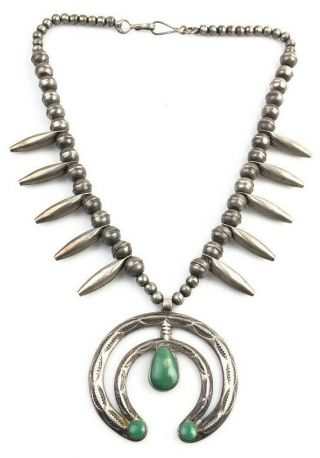 Vintage Bell Old Pawn Navajo Sterling Silver Turquoise Squash Blossom Necklace