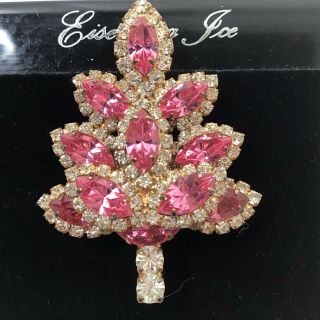 Vtg Eisenberg Ice Pink Rhinestone Christmas Tree Pin Brooch Breast Cancer 2 "