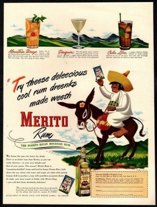 1948 Ron Merito Puerto Rican Rum - Donkey - Jackass - Retro Vintage Ad