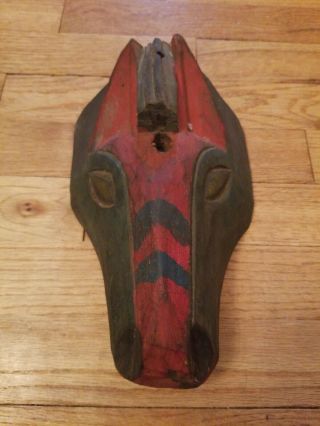 Vintage Hand Carved Wooden Horse Head Tribal Wall Mask Red Black Folk Art Decor