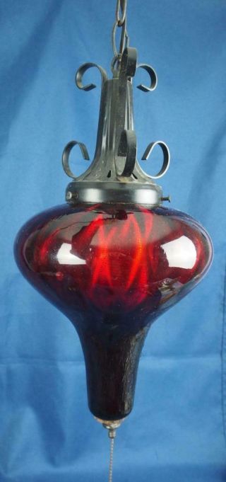 Vintage Hollywood Regency Ruby Red Glass Hanging Swag Lamp W Diffuser Mcm Light