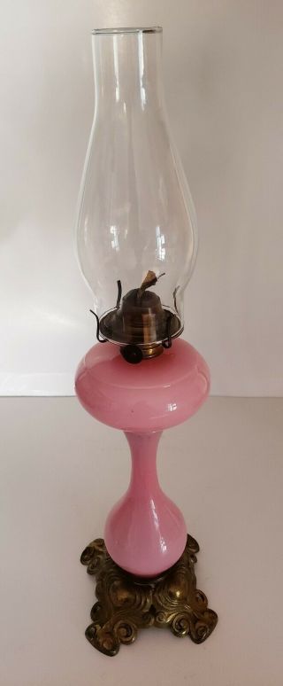 Antique Victorian Pink Cased Glass Oil/kerosene Lamp With Ornate Brass Base