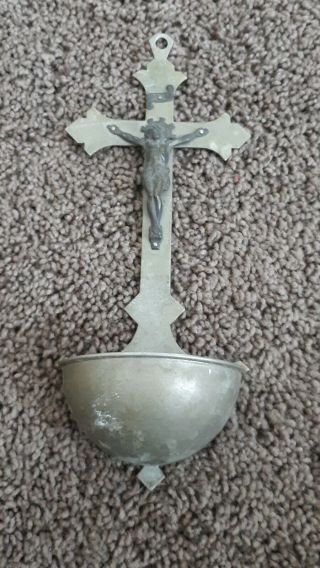 Old Vintage German Iron Holy Water Font Cross