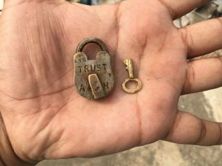 03) Old Or Antique Solid Brass Padlock Lock With Key Miniature Sized.