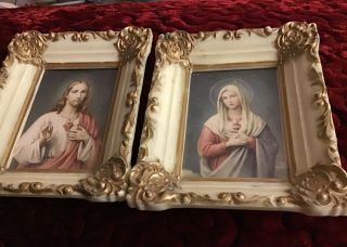 Vtg Set Framed Immaculate Heart Of Mary,  Sacred Heart Of Jesus Mini Pictures