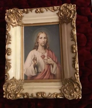 VTG Set Framed Immaculate Heart of Mary,  Sacred heart of Jesus mini pictures 2
