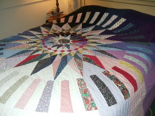 Old Vintage Handmade Hand Stitched Large Lone Star Quilt Multi C0lors 99 " X 87 "