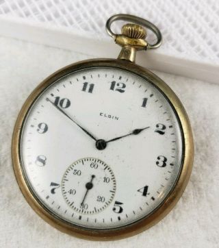 Antique 1920s Open Face Elgin Gold Filled Pocket Watch Grade 444 - 1077