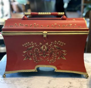 Vintage Toleware Box With Lid Red & Gold - Metal On Ball Legs Made In India