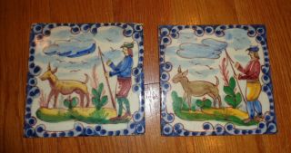 Vintage Spanish Hand Painted Art Pottery Ceramic Tiles Man & Dog