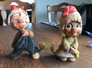 Vtg Henning Norway Hand Carved Wood Troll Couple W/rope Tails 1950s Engelsen