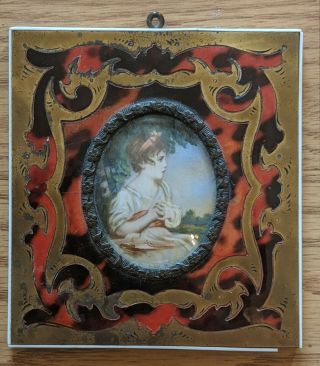 Antique Miniature Portrait Young Girl Brass Inlay Frame Grand Tour