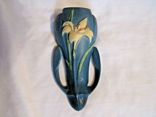 Vintage Roseville Art Pottery Blue Glaze Zephyr Lily Wall Pocket Vase 1297 - 8