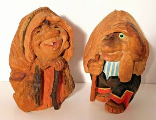 Vtg.  Henning Hand Carved Wood Trolls Norway 7 "