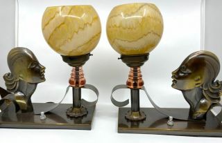 Pair Vintage Art Deco Table Boudoir Lamps Women Ladies Metal Glass Globes
