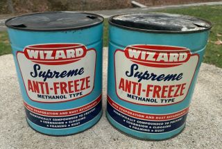 (2) Vintage Western Auto Wizard Supreme 1 Gallon Anti Freeze Tin Can Gas